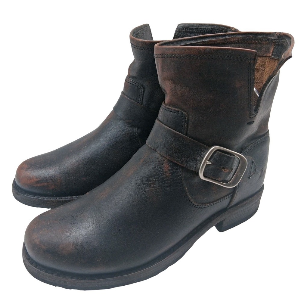 Frye Boots Womens 7 Black Brown Leather Biker Ankle Buckle Pull On 3470064-BLK